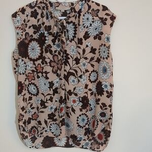 LOFT Pink Floral Sleeveless Blouse with Gathered Collar Size M